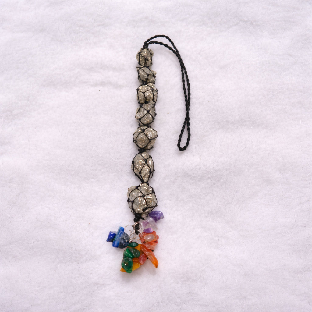pyrite hanging with 7 chakra chips for balance and confidence
